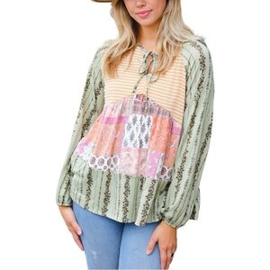 NEW HAPTICS OLIVE & MUSTARD BOHO TWO TONE TIERED BABYDOLL TOP